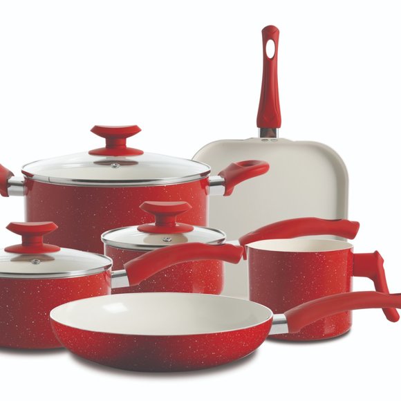 OSTER SAN JACINTO 9PC COOKWARE SET, RED SPECKLE, WHITE CERAMIC INTERIOR - Picture 2 of 9